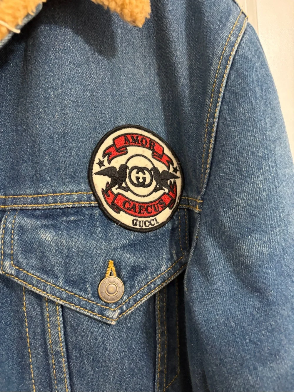 Gucci Blue Denim Jacket with Tan Sherpa Collar